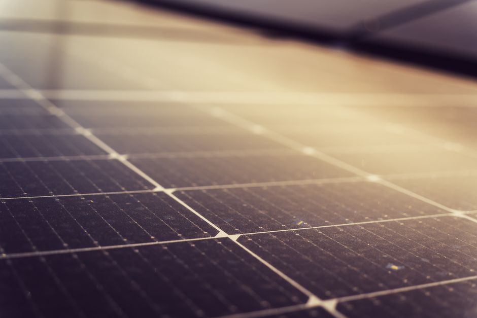 Close up view of residential solar panels absorbing sunlight